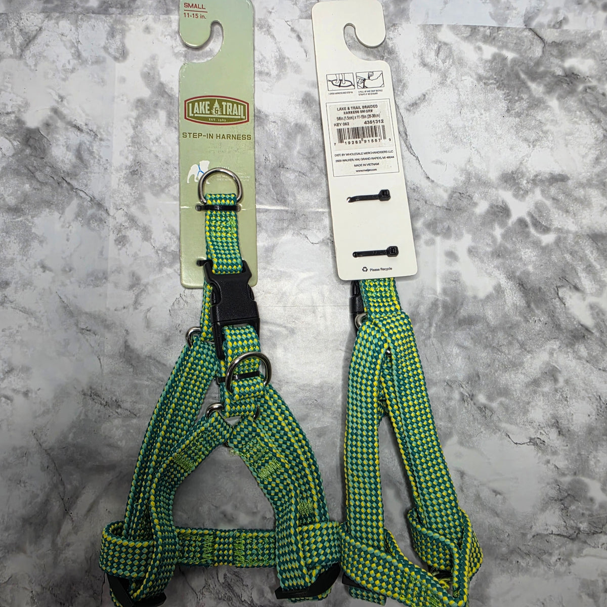 Lake & Trail small green braided step-in harness and matching leash on retail cards