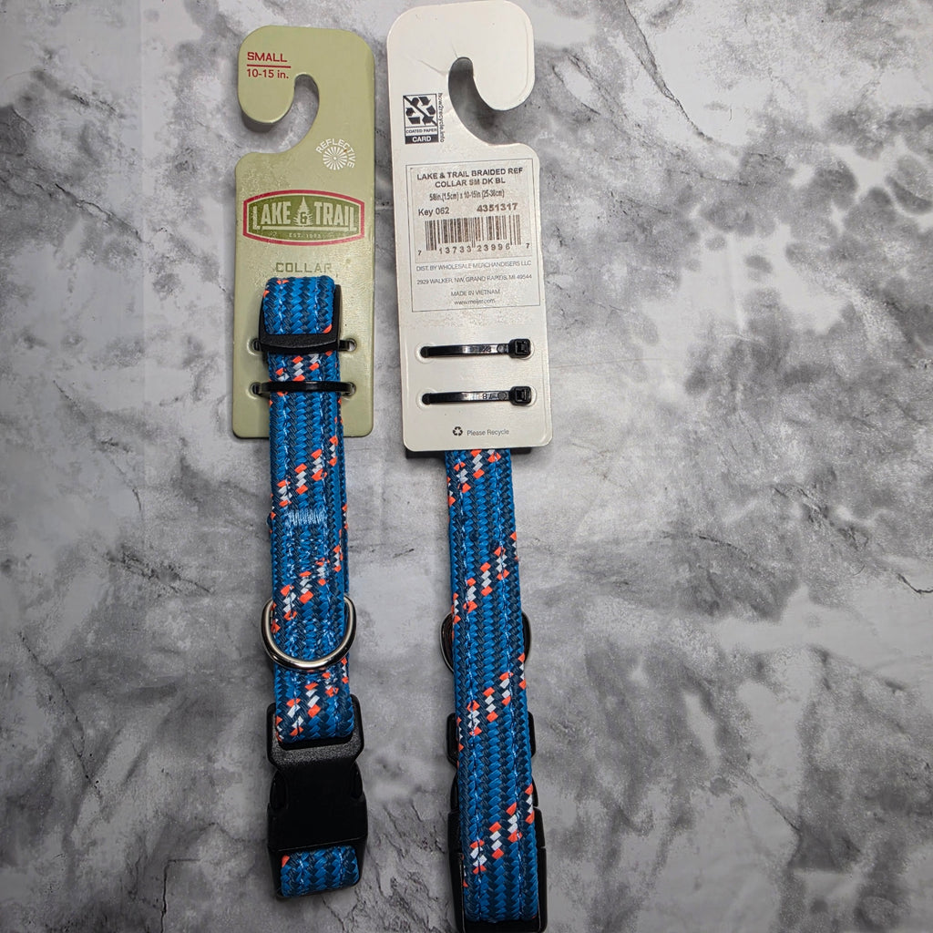 Lake & Trail small reflective dark blue braided dog collar front and back label