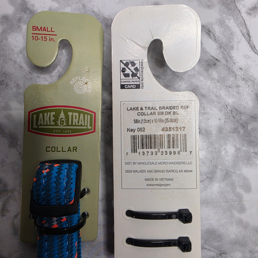 Lake & Trail small reflective dark blue braided dog collar UPC label and size 10 to 15 inches