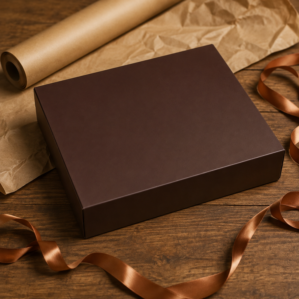 Late for the Sky Brew-Opoly — AI-generated gift context with a blank rear-facing brown box; actual Brew-Opoly package is image 1.