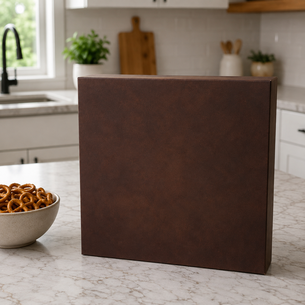 Late for the Sky Brew-Opoly — AI-generated snack-table context with a blank rear-facing brown box; actual Brew-Opoly package is image 1.
