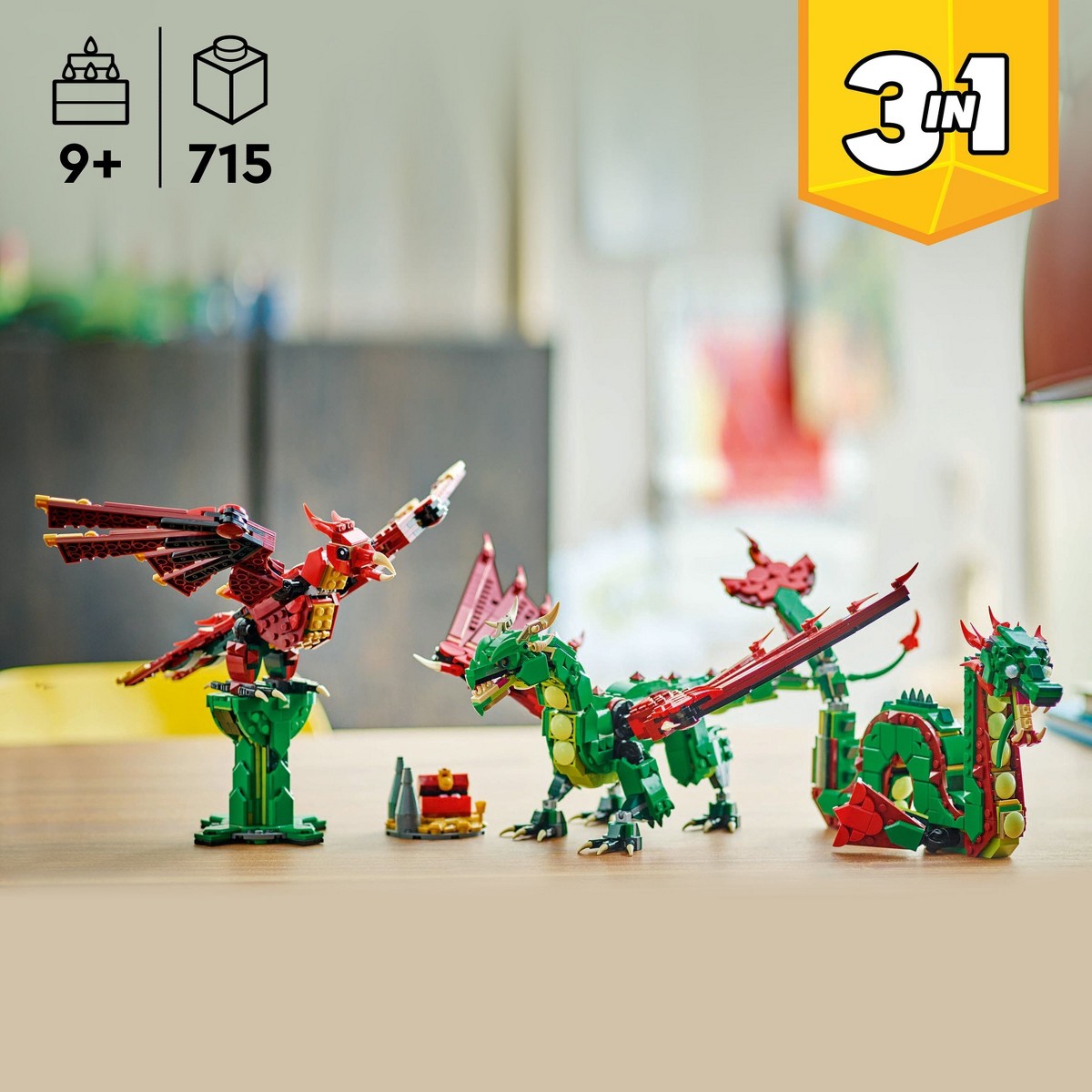 Product image for LEGO Creator 3-in-1 Medieval Dragon 31161 showing the dragon, sea serpent, and phoenix build options.