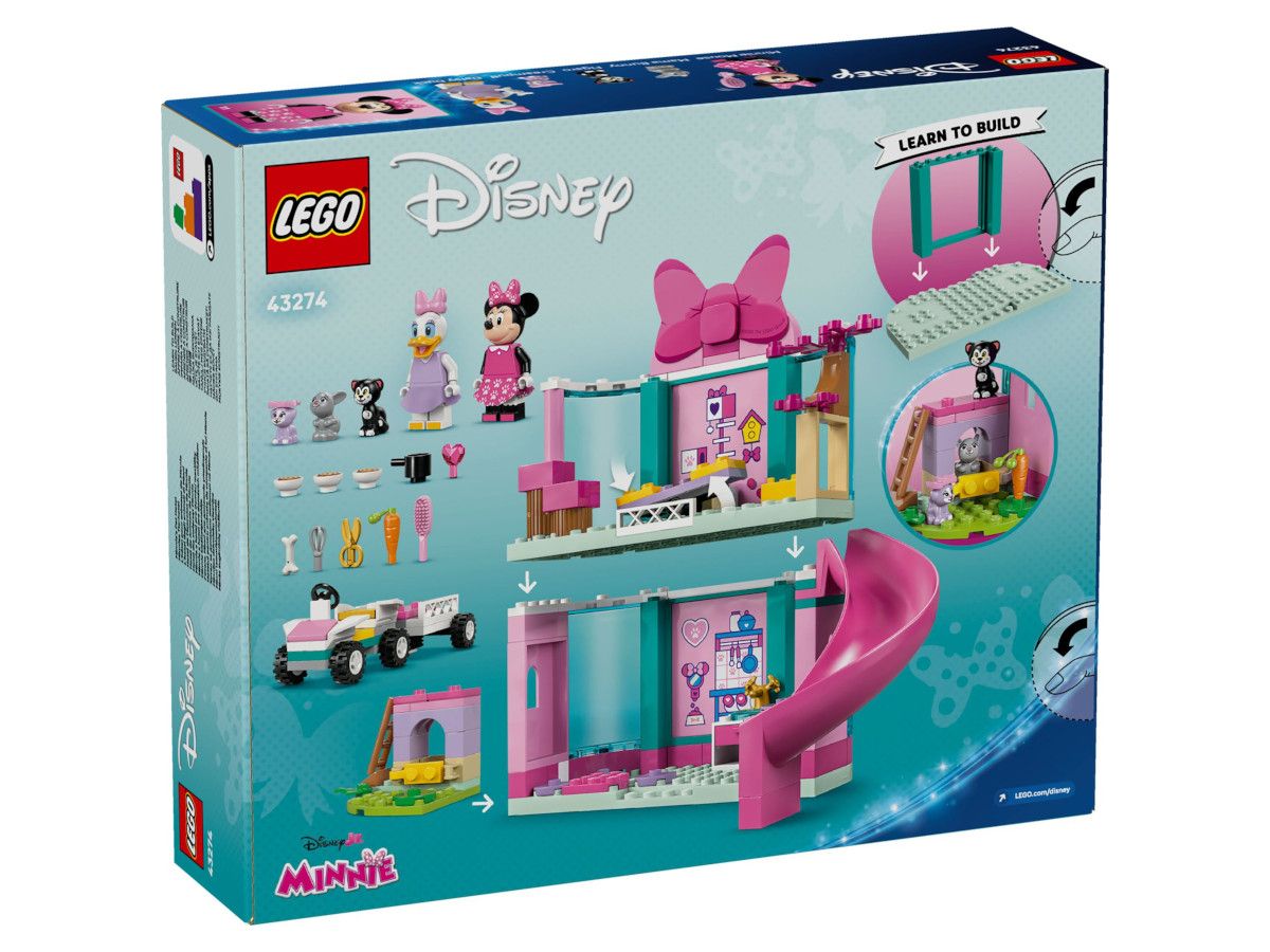Back-of-box style feature image for LEGO Disney Minnie’s Pet Hotel set 43274 showing characters, accessories and build features.