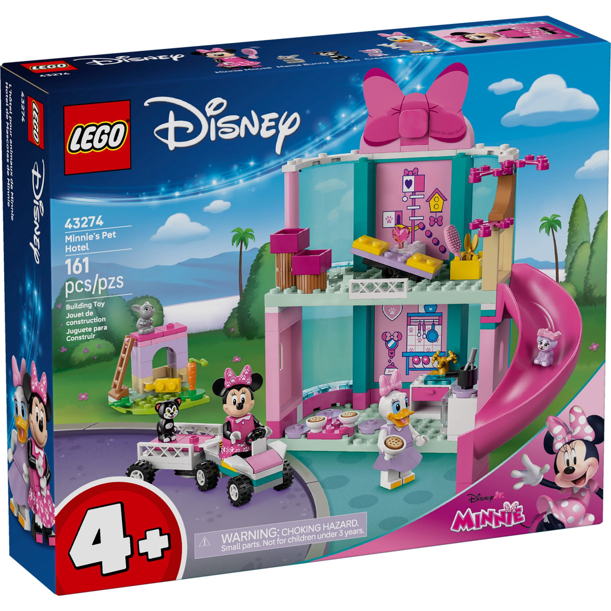 Manufacturer-style front box image of LEGO Disney Minnie's Pet Hotel set 43274, 161 pieces, ages 4+.
