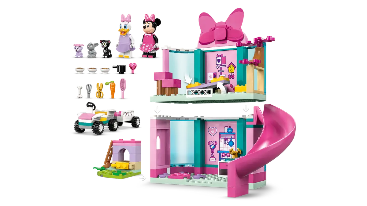 Product feature image of LEGO Disney Minnie’s Pet Hotel set 43274 showing the modular two-level build and slide.