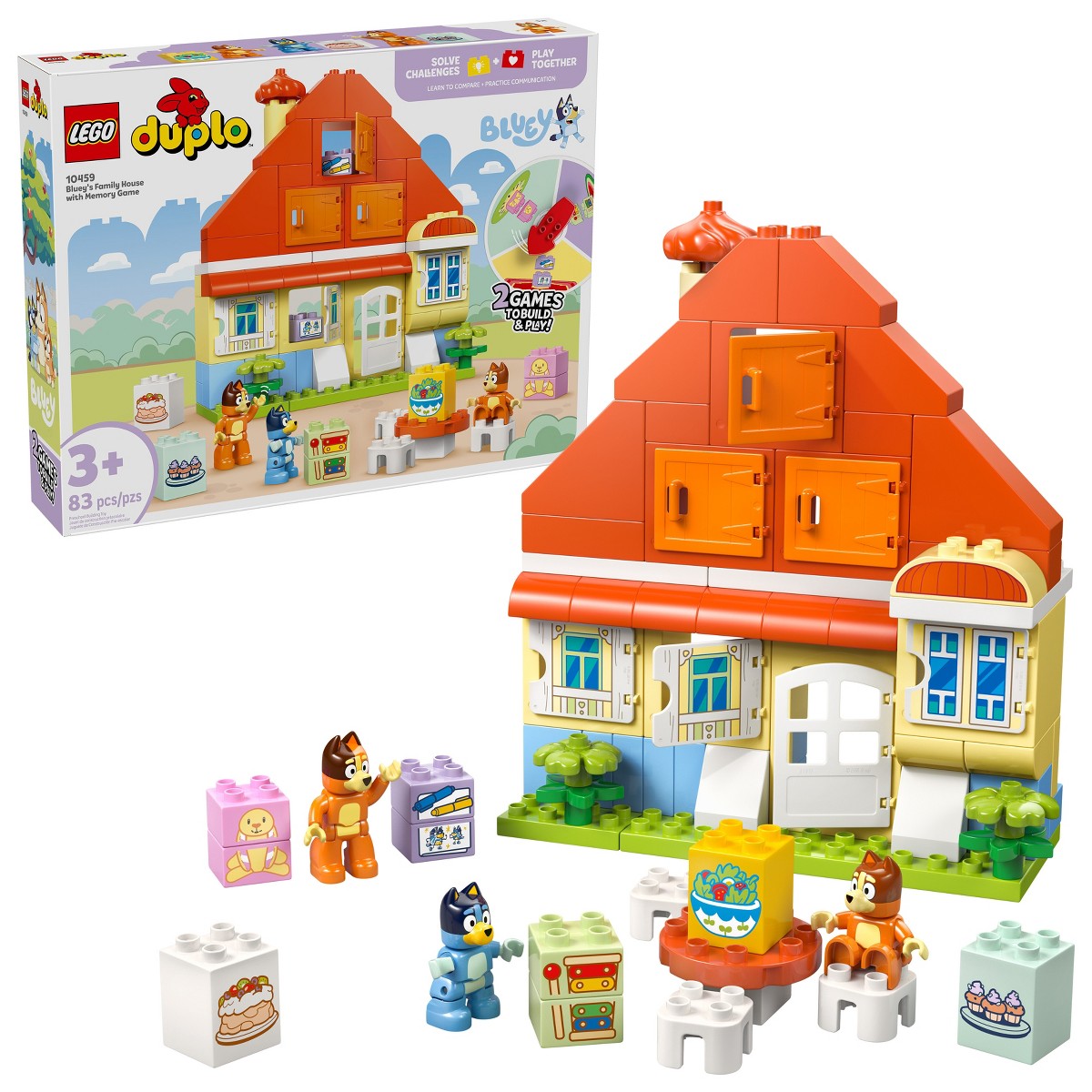 Product image of LEGO DUPLO Bluey's Family House with Memory Game 10459 showing the retail box, house build, figures, and accessories.