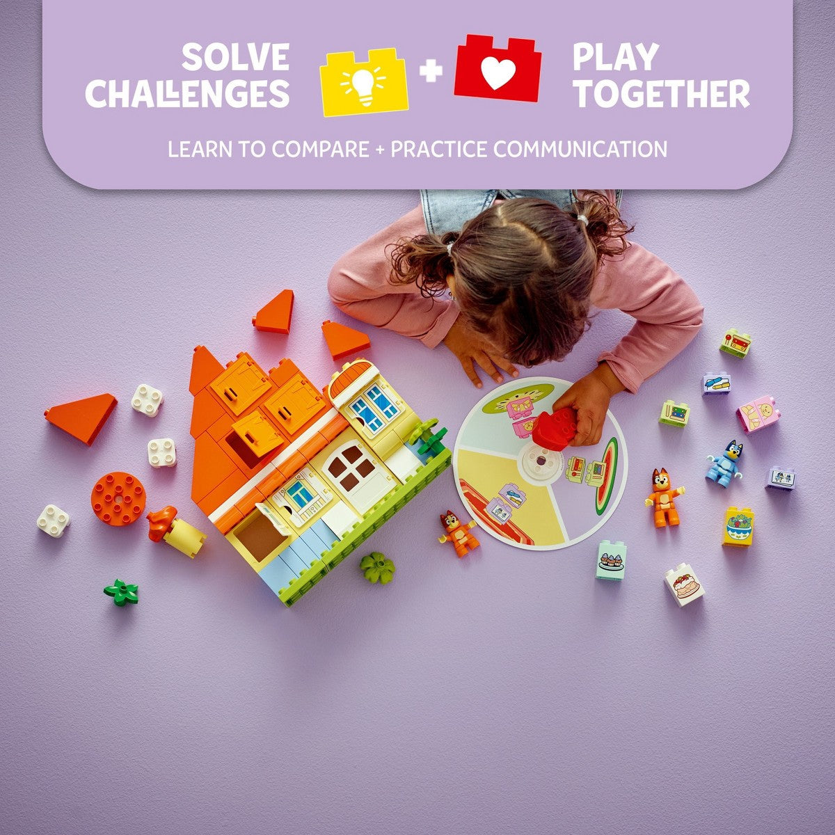 Product feature image for LEGO DUPLO Bluey's Family House with Memory Game 10459 showing the spin-and-match memory game.