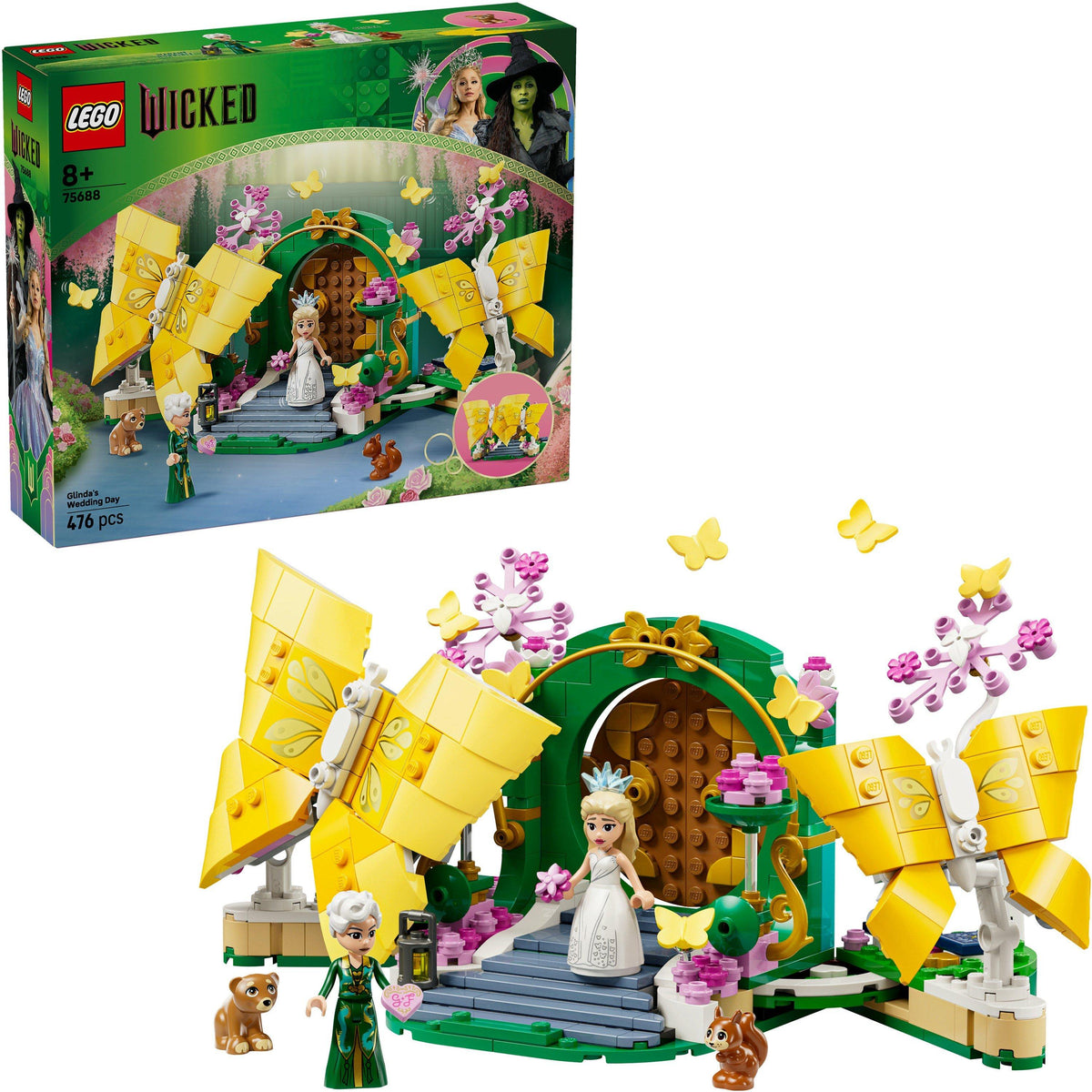 Product image of LEGO Wicked Glinda’s Wedding Day set 75688 with the built wedding scene, butterflies, minidolls and animal figures.