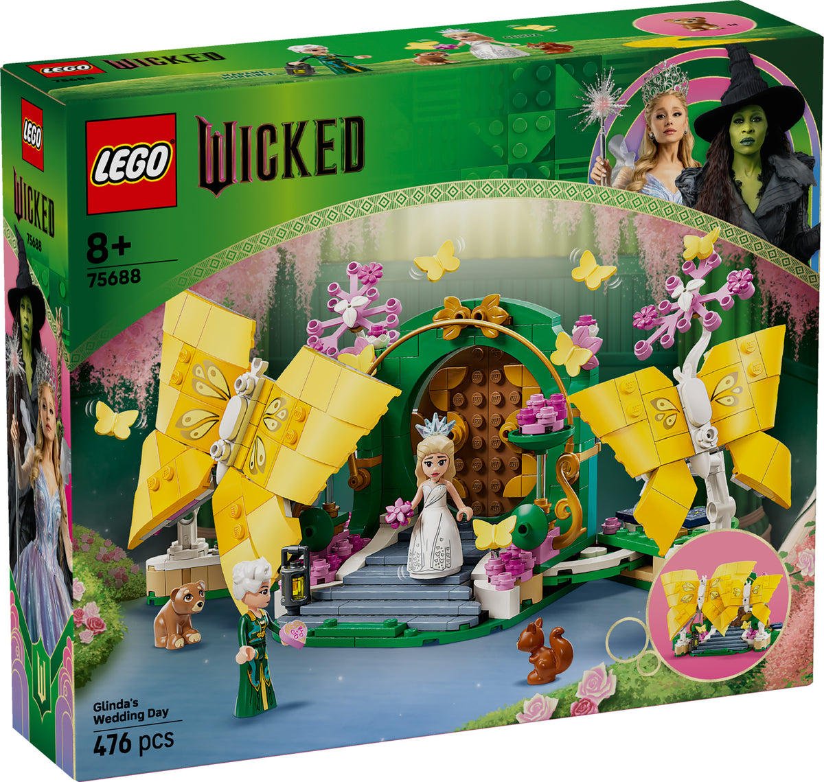 Front box image of LEGO Wicked Glinda’s Wedding Day set 75688 showing 476 pieces and ages 8+.