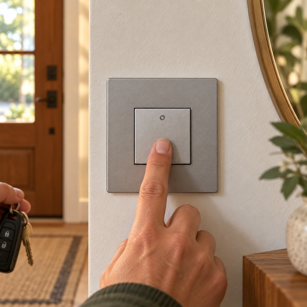 Pressing a Legrand adorne Magnesium paddle switch in an entryway