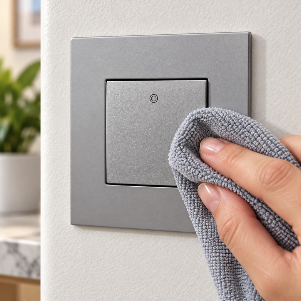 Wiping an installed Legrand adorne Magnesium switch with a soft cloth