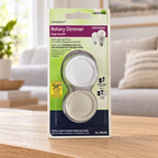 Illustrative scene of Leviton RDL06-TW Rotary Dimmer, White & Light Almond, Push On/Off in its retail package in an airy living room on a light oak console