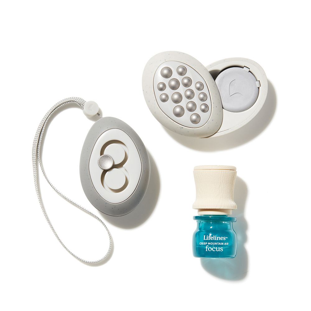 Lifelines Meditative Fidget set with Pebbles and Pathway stones, one wrist lanyard, and Crisp Mountain Air essential oil.