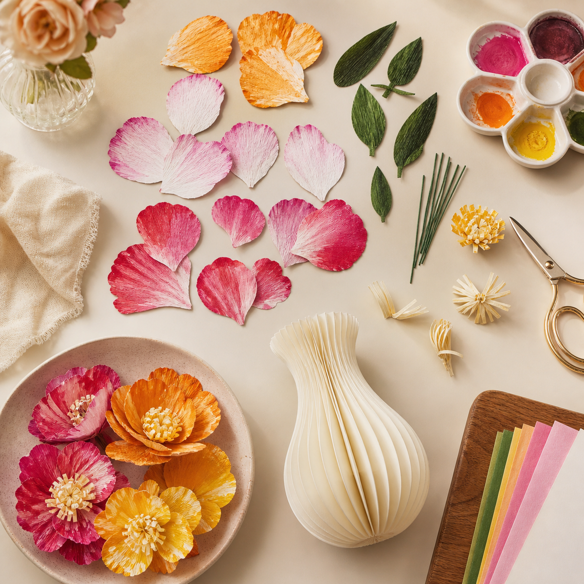 Illustrative lifestyle image of paper flower craft materials arranged on a craft table