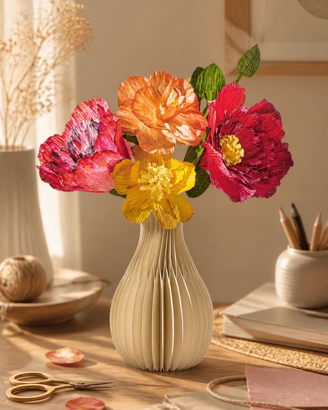 Illustrative lifestyle image of a completed colorful paper flower bouquet in a folded paper vase