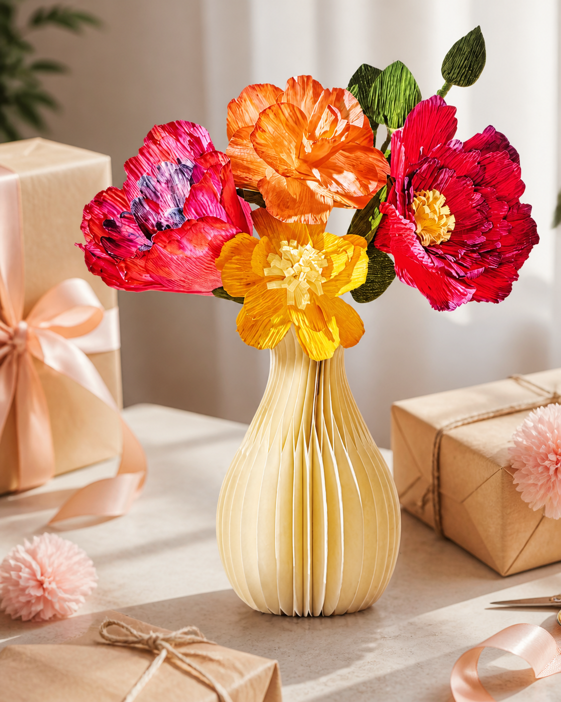 Illustrative lifestyle image of a colorful paper flower bouquet styled as a craft gift