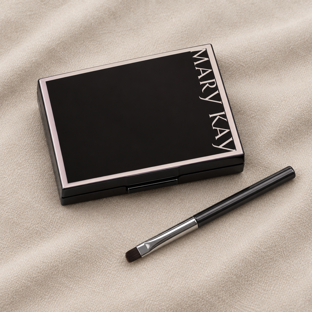 Lifestyle shot with brush beside closed compact