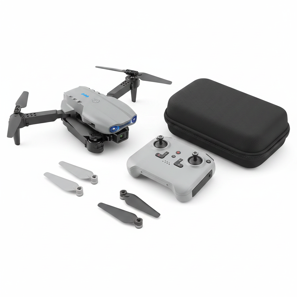 Light grey drone kit flat lay