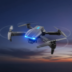 Light grey drone with blue LEDs at dusk