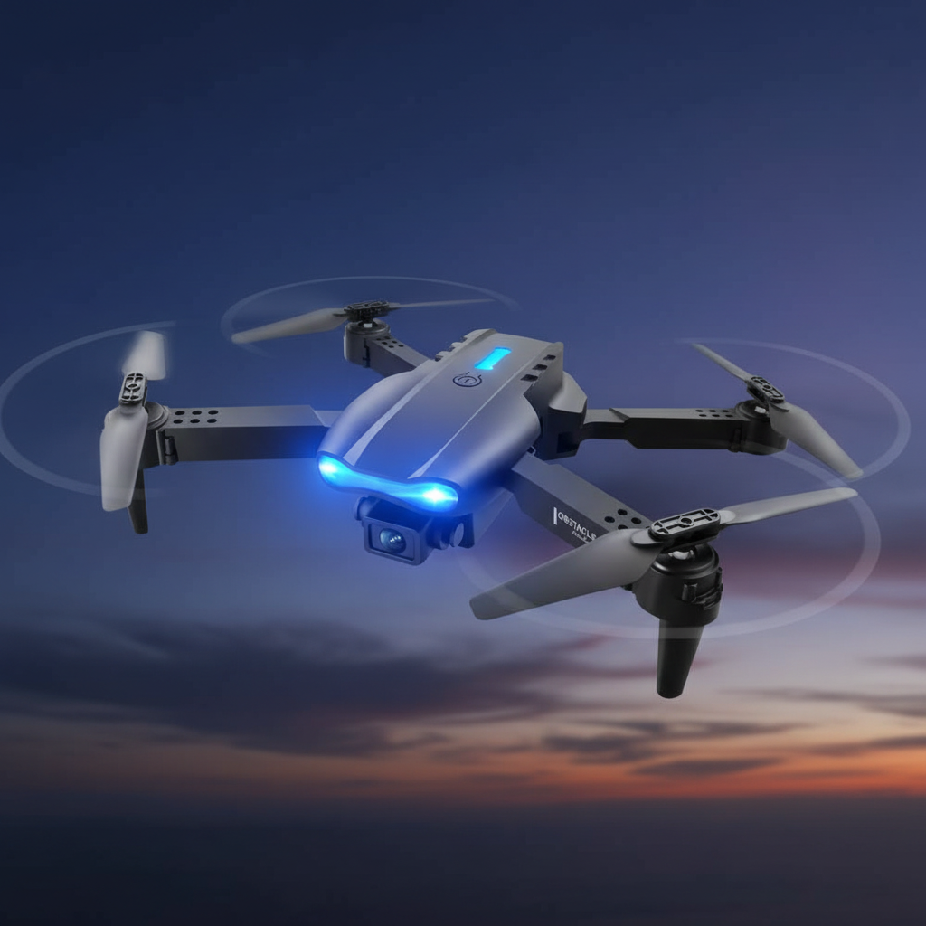 Light grey drone with blue LEDs at dusk
