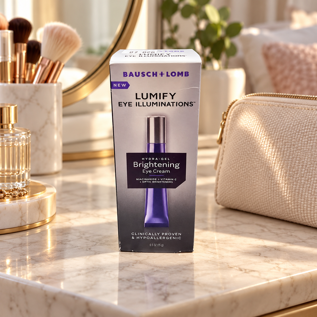 AI illustration of one closed LUMIFY Eye Illuminations 15 g eye-cream carton on a dressing table; background props not included