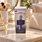 AI illustration of one closed LUMIFY Eye Illuminations 15 g eye-cream carton on a dressing table; background props not included