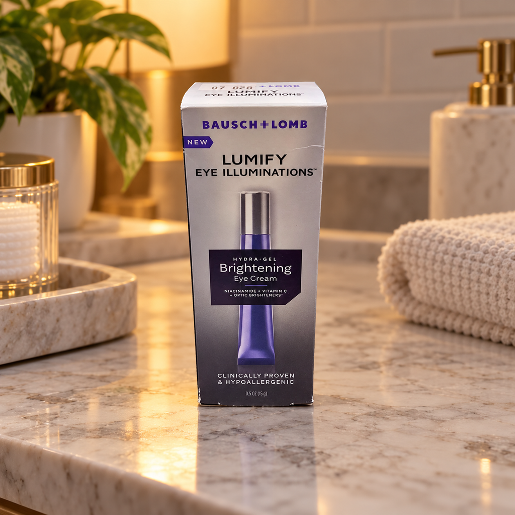 AI illustration of one closed LUMIFY Eye Illuminations 15 g eye-cream carton on a evening skincare counter; background props not included
