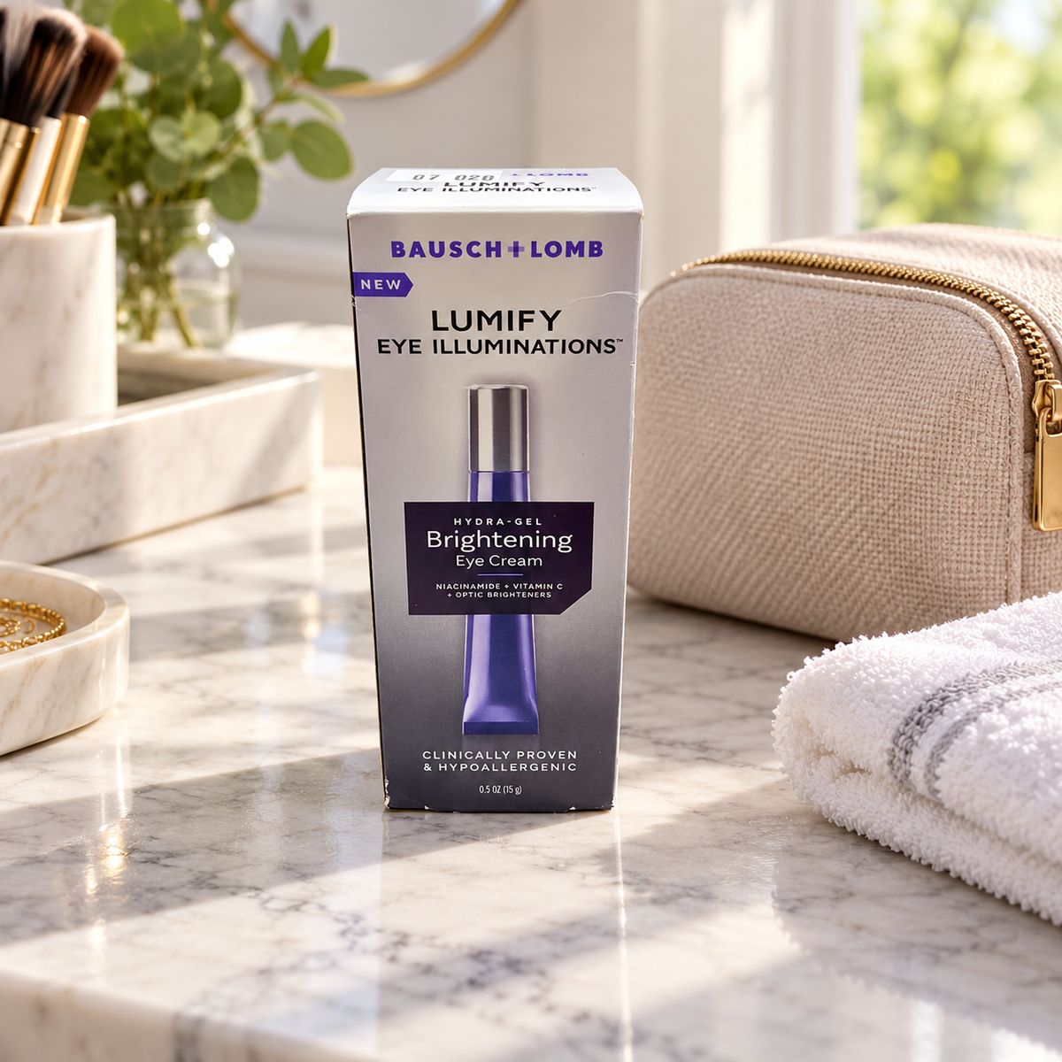 AI illustration of one closed LUMIFY Eye Illuminations 15 g eye-cream carton on a travel preparation dresser; background props not included