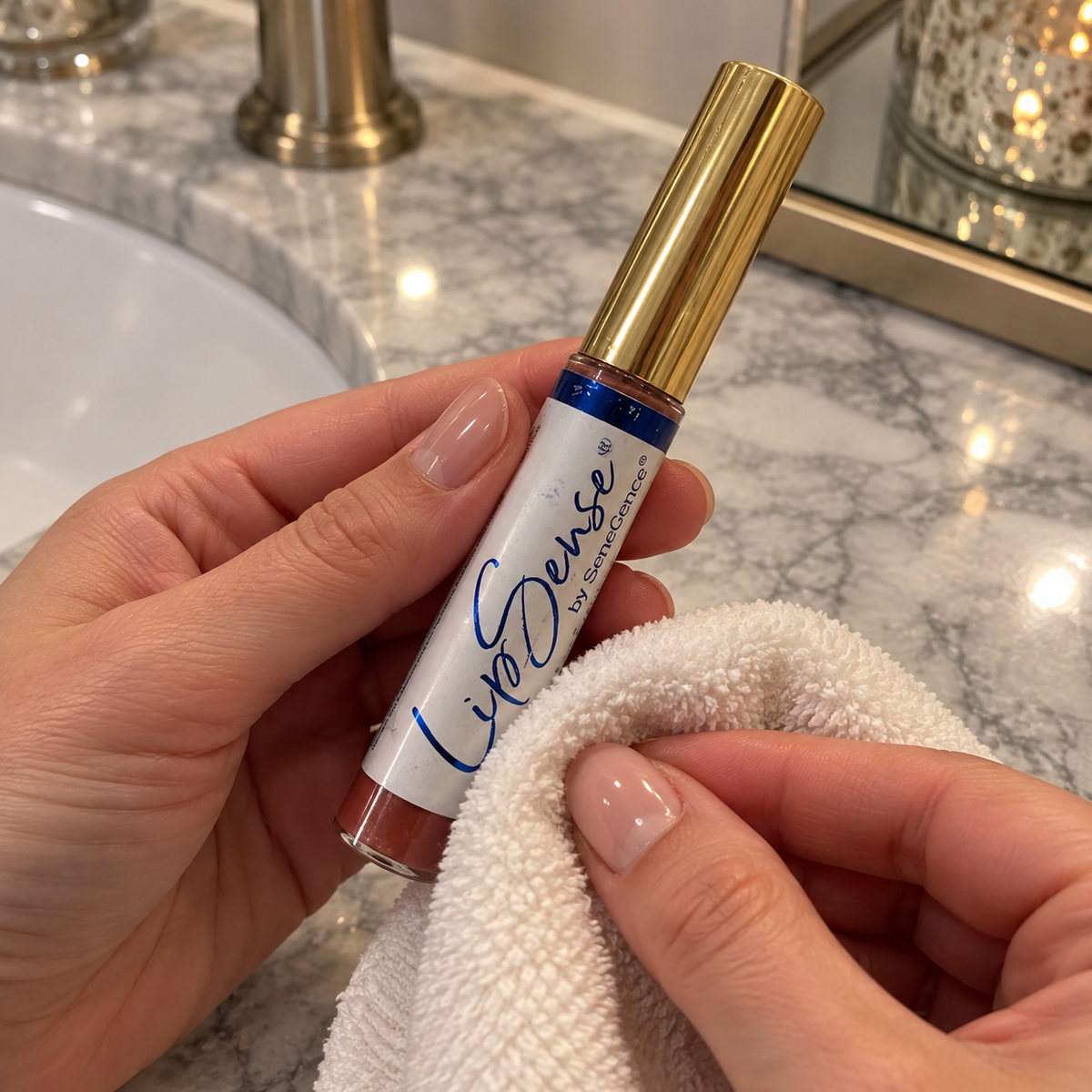 Wiping the outside of a capped Rose Gold LipSense gloss tube