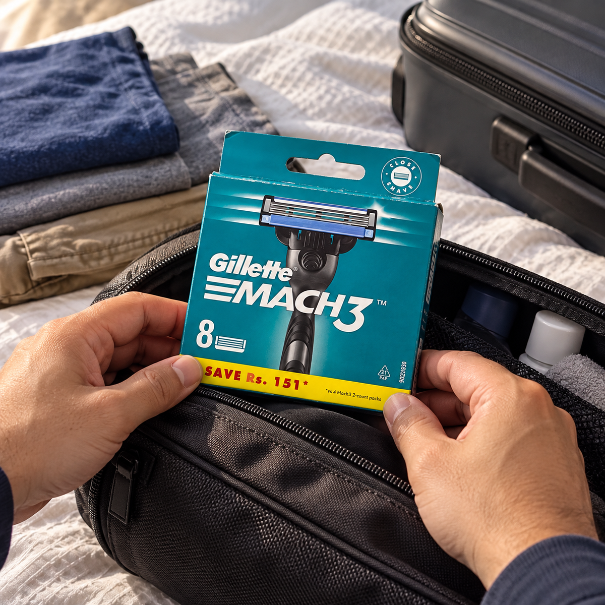 Packing one Gillette Mach3 Original eight-refill carton in a toiletry bag