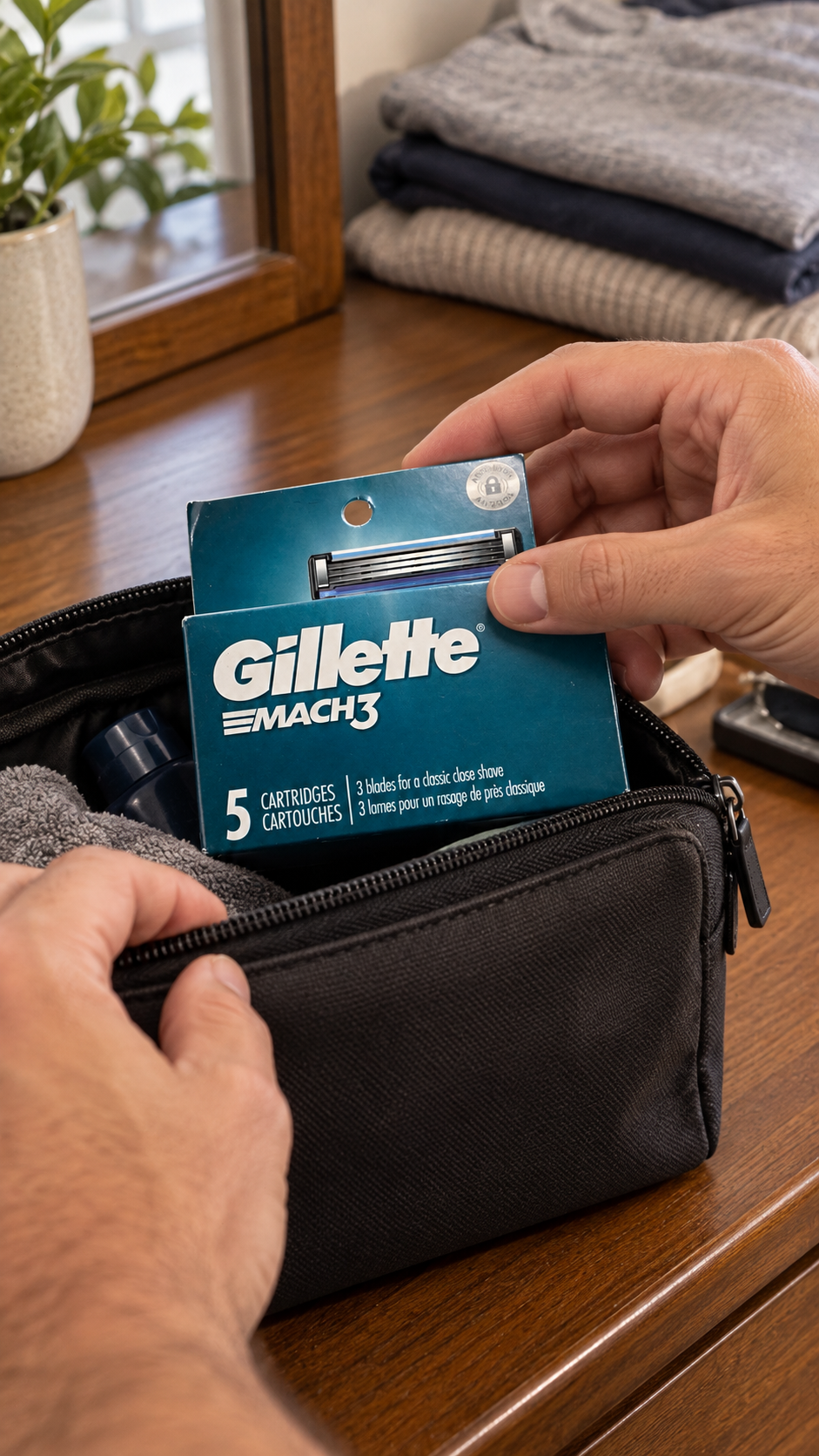 A Gillette MACH3 five-cartridge refill pack being packed into a toiletry bag.
