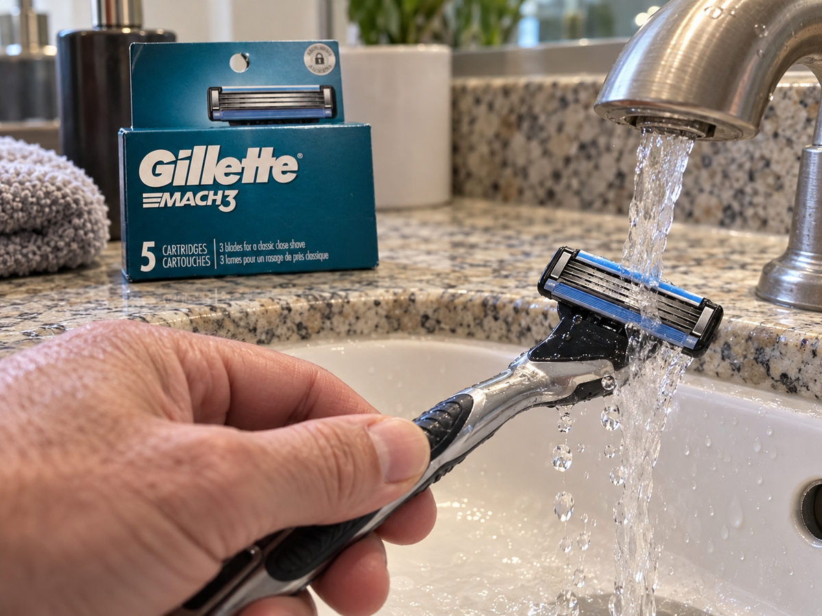 A MACH3 cartridge being rinsed on a compatible handle, with the five-refill pack nearby.