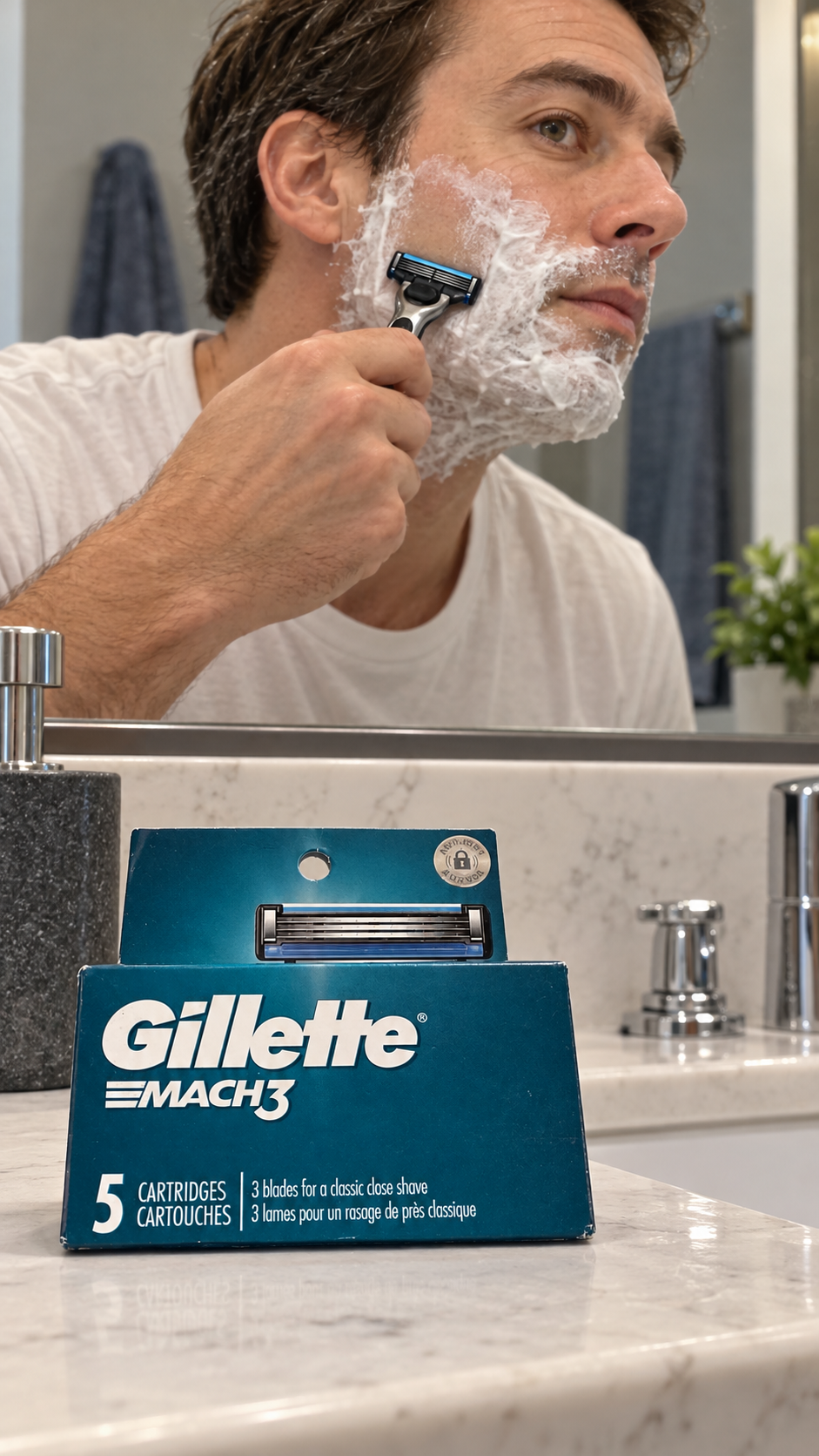 Gillette MACH3 refills beside a sink during an adult's shaving routine.