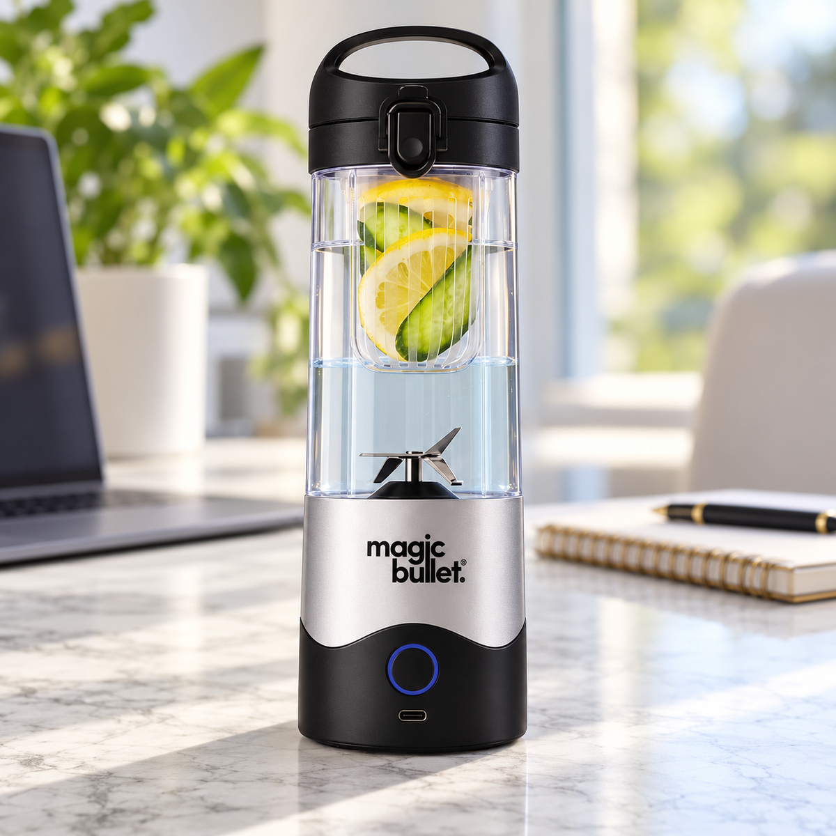 AI-generated lifestyle illustration of a stopped Magic Bullet portable blender with cold infused water at a desk; fruit and background props not included.