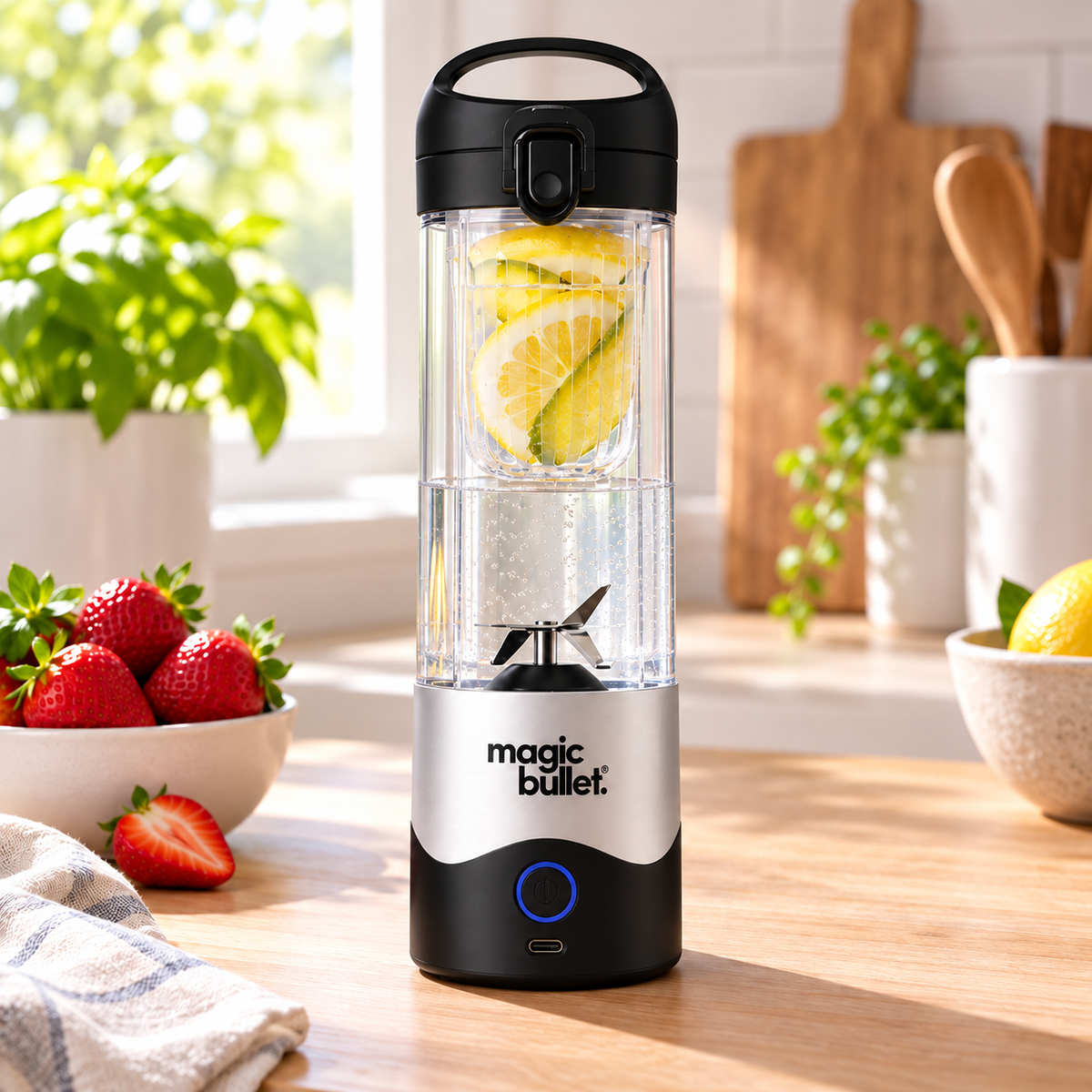 Magic Bullet Portable Blender, 16 oz, Silver, with Flavor Infuser in a kitchen counter, AI-generated lifestyle illustration.