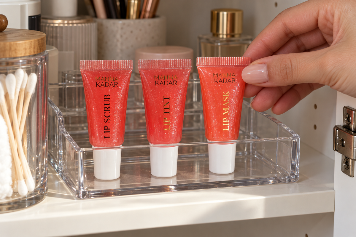 A hand arranging the closed Manna Kadar lip scrub, lip tint and lip mask tubes in a cabinet tray.