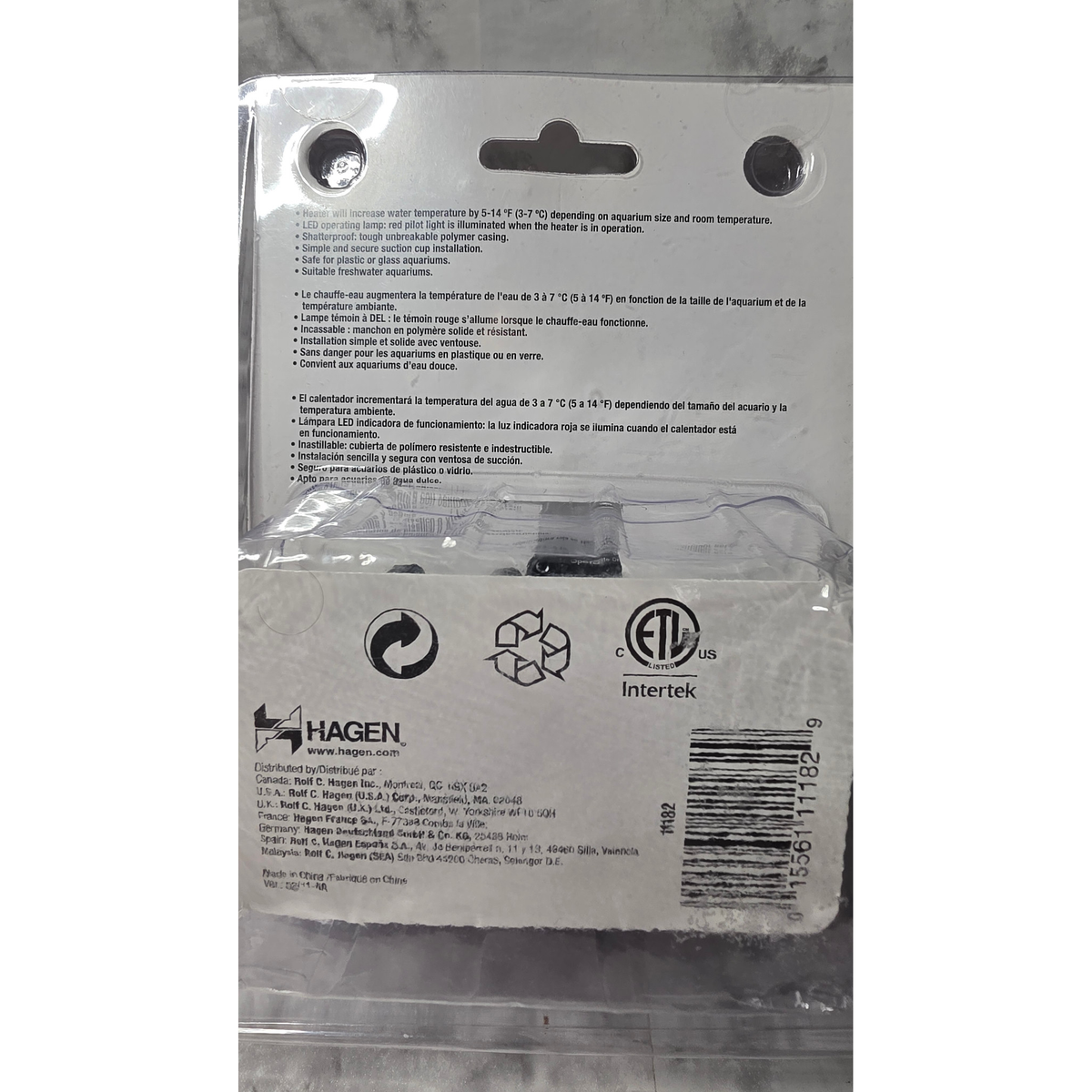 Back of Marina Betta 8W heater packaging showing features, model 11182 and UPC 015561111829