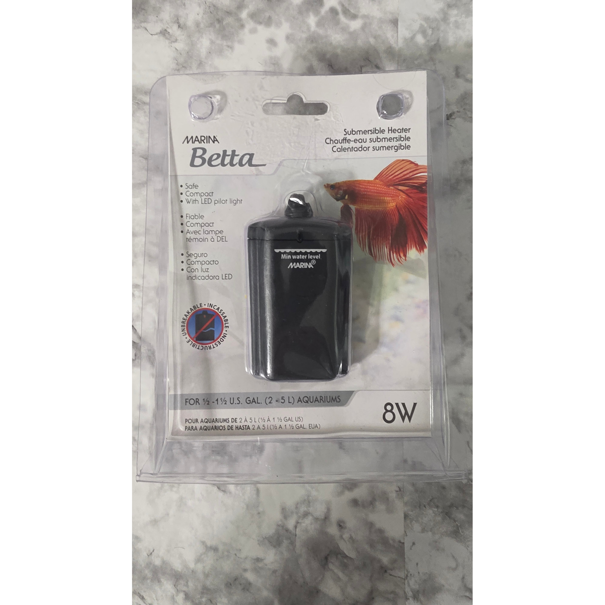 Marina Betta 8W submersible aquarium heater 11182 in retail packaging, front view