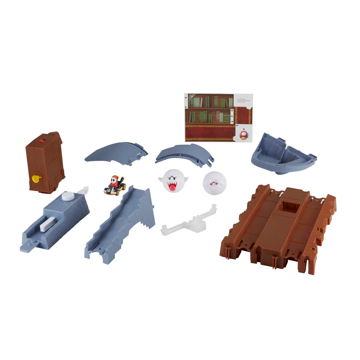 Boo's Spooky Sprint track parts, two Boo figures, labels and included Shy Guy kart before assembly