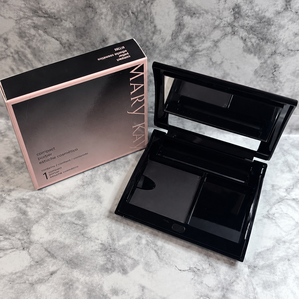 Mary Kay Compact 017362 open with empty magnetic refill well and accessory spaces beside its original box