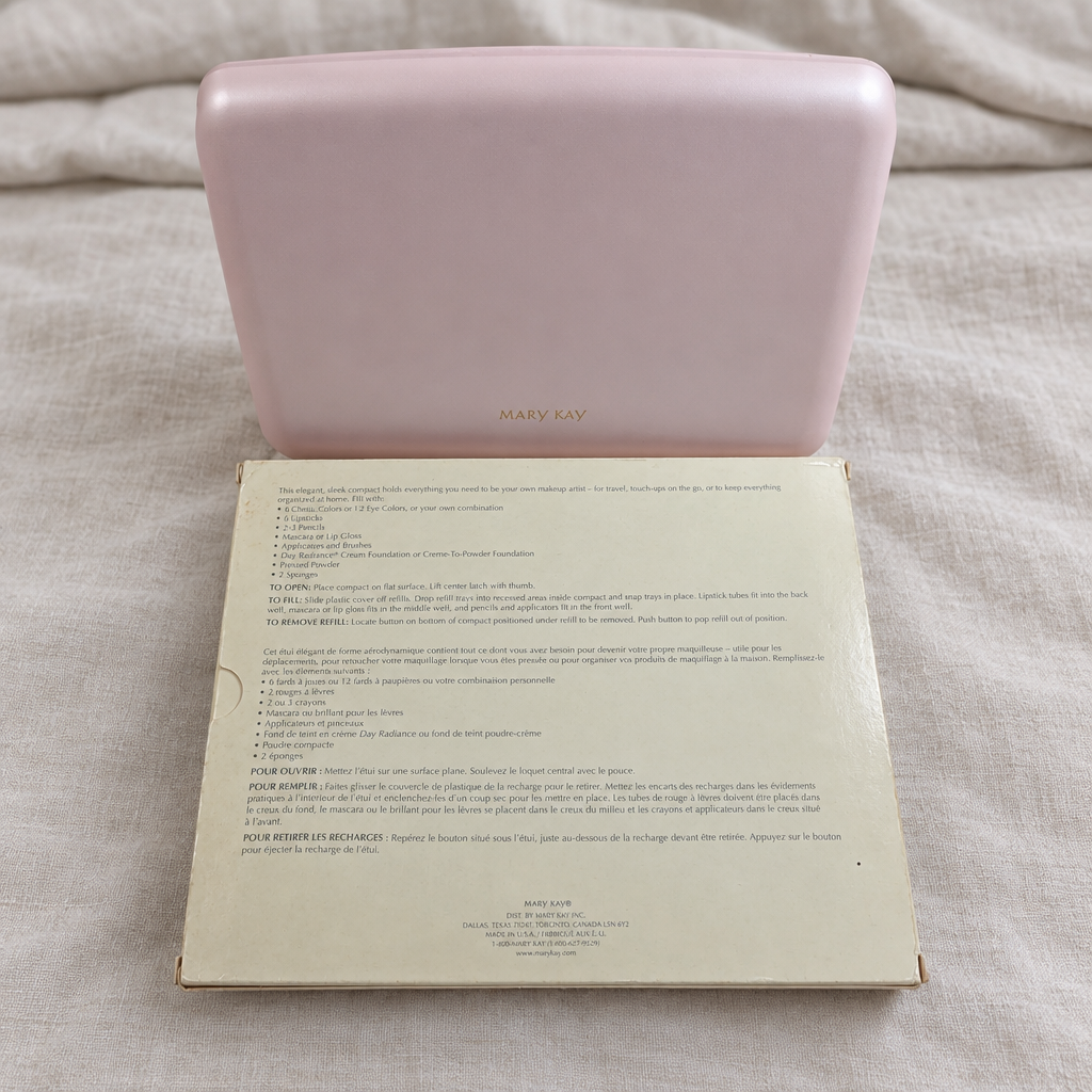 Pink Mary Kay Color Palette 5928 with original box on pale linen for travel packing