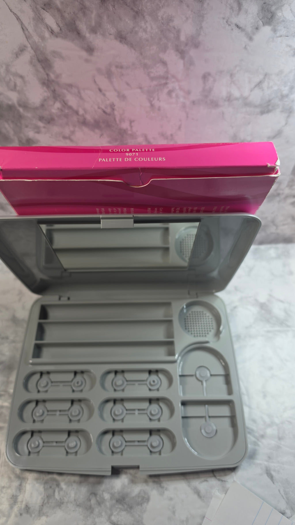 Mary Kay MK Signature Color Palette 9071 actual open interior with shaped refill recesses, three accessory channels, mirror and model label on box