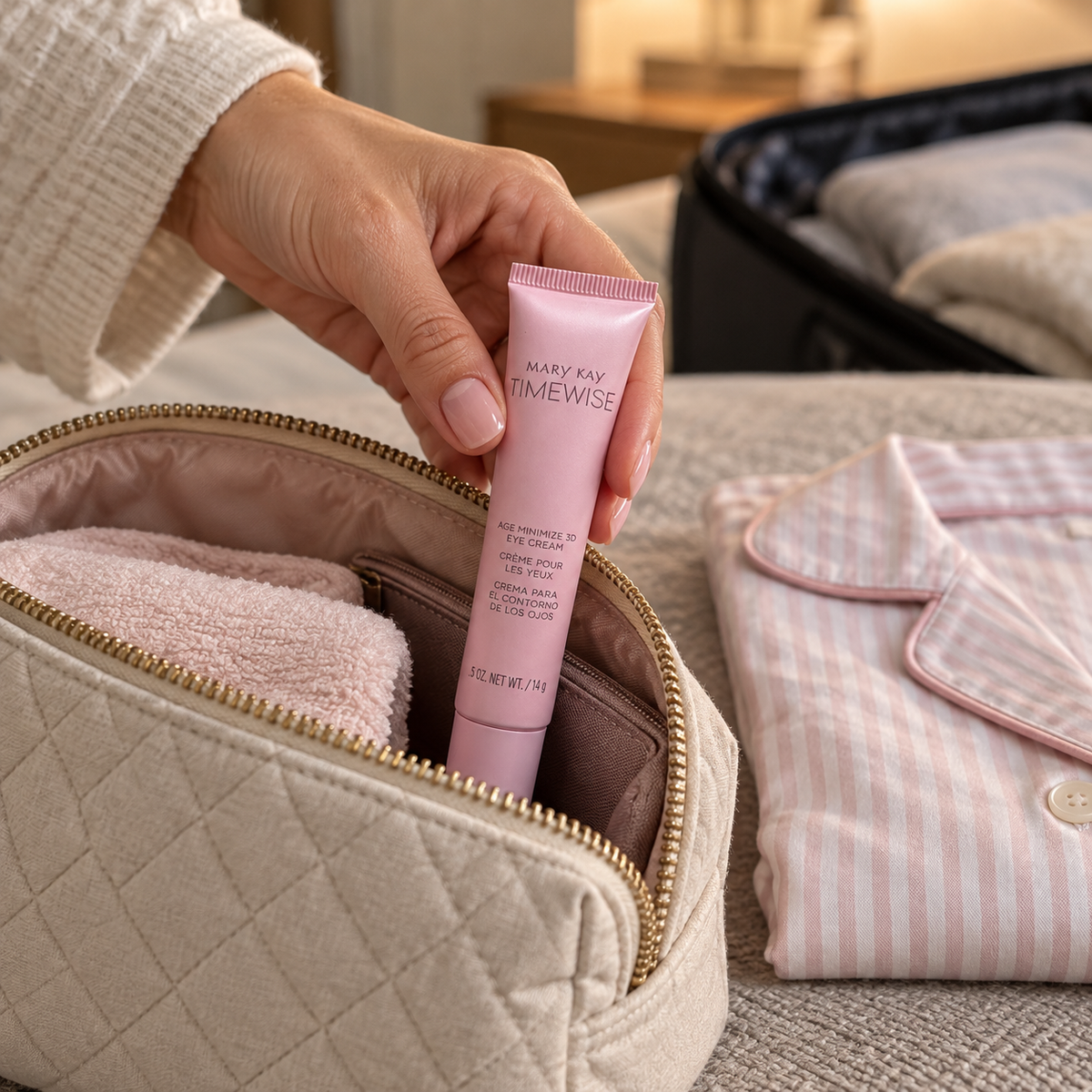 Packing the closed Mary Kay 14 g eye-cream tube in a toiletry pouch