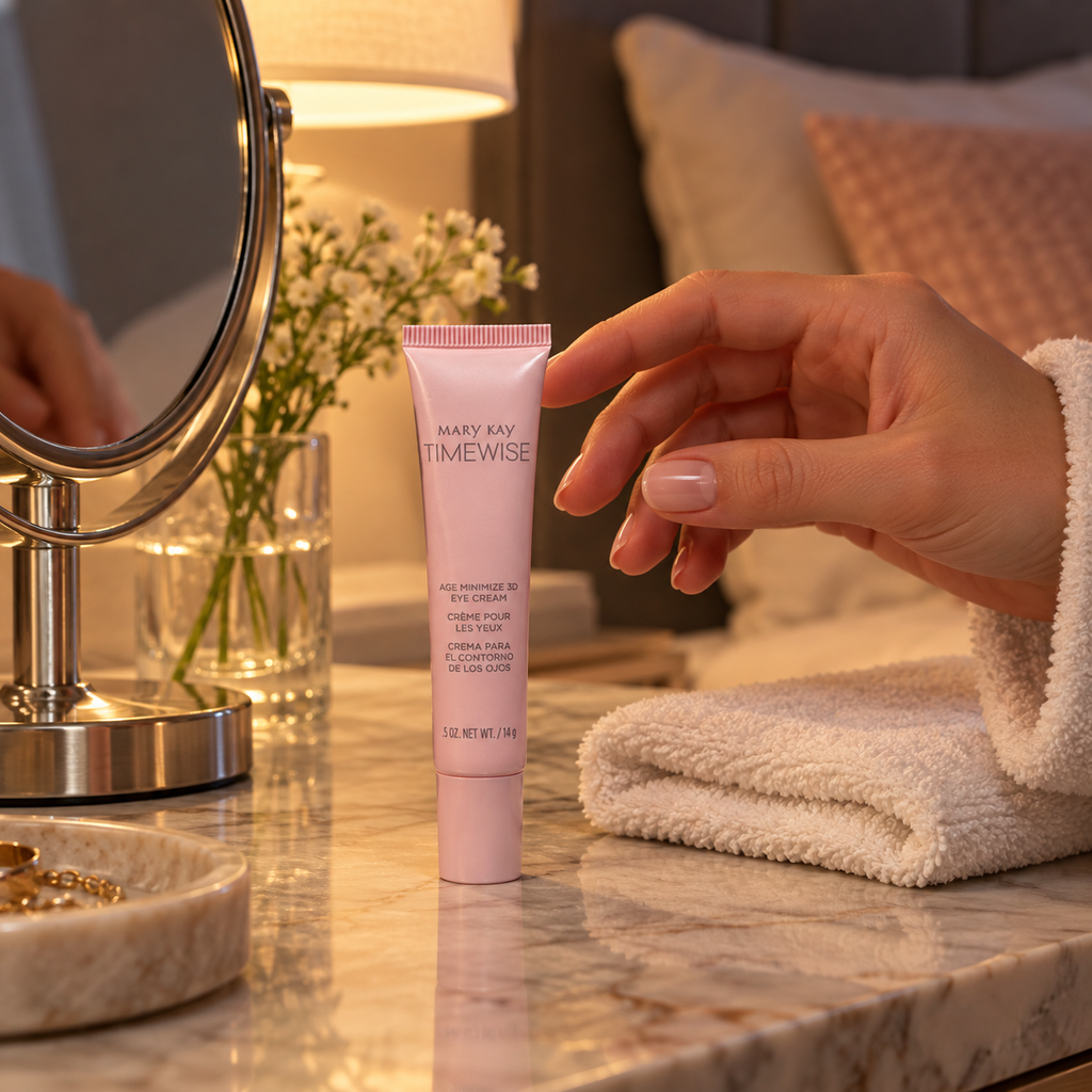 Reaching for TimeWise Age Minimize 3D Eye Cream during an evening routine