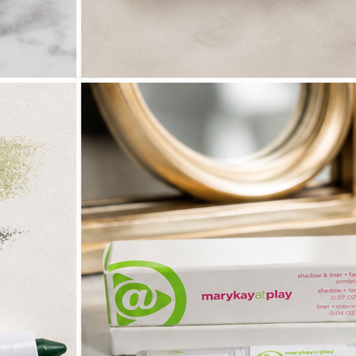 AI-generated vanity context image of Mary Kay at Play Shadow & Liner Mint to Be beside makeup tools.