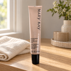 Mary Kay Beige 2 tinted moisturizer tube on an oak vanity