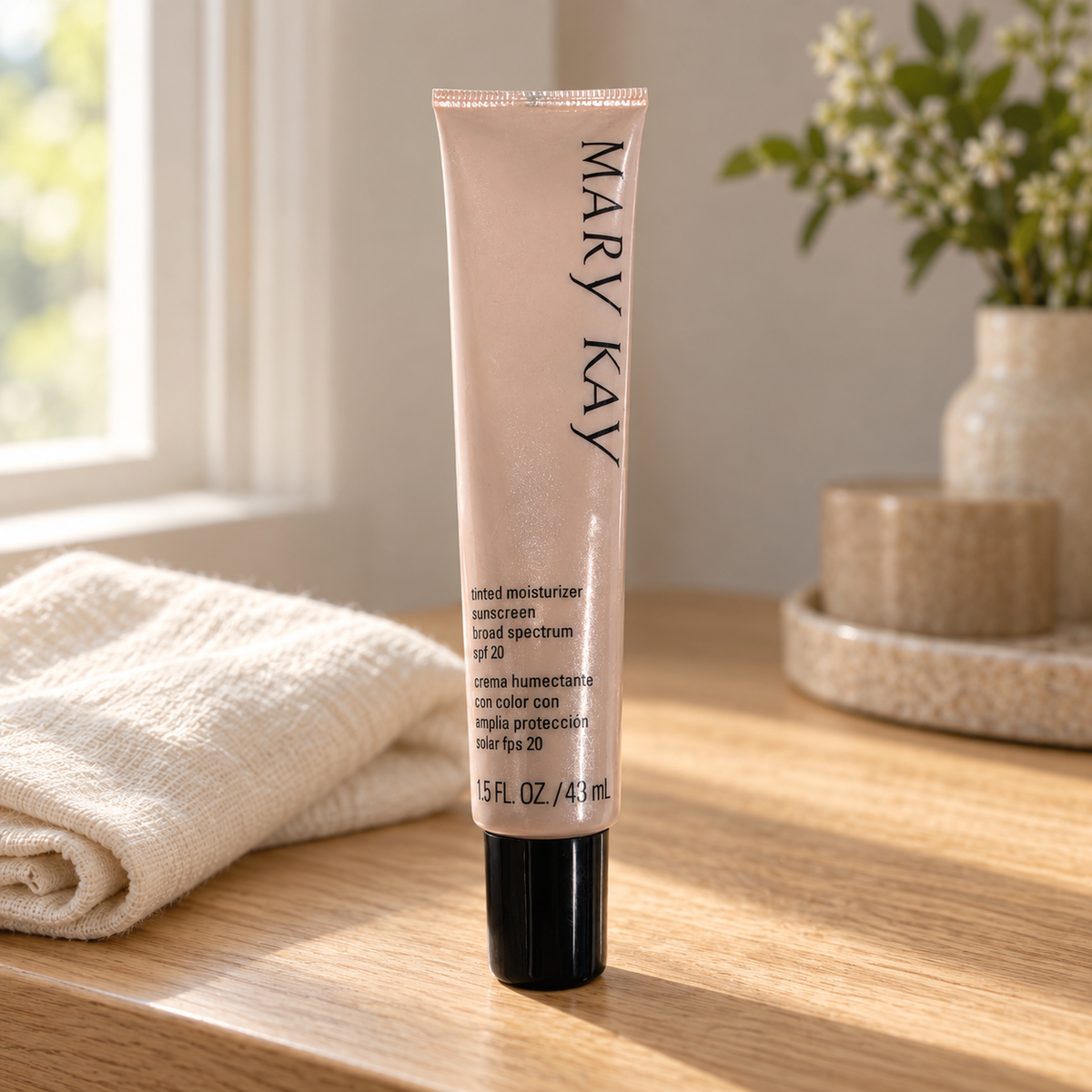 Mary Kay Beige 2 tinted moisturizer tube on an oak vanity