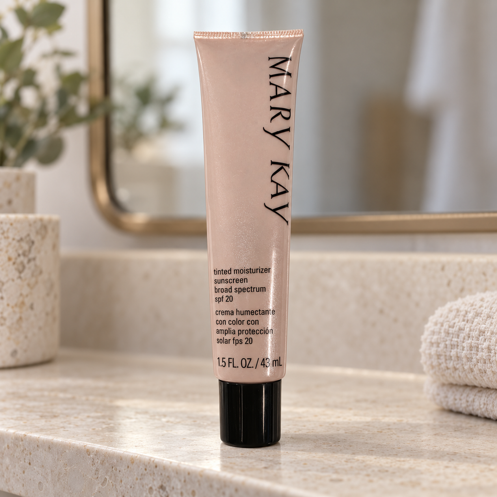 Mary Kay Beige 2 tinted moisturizer tube on a stone shelf