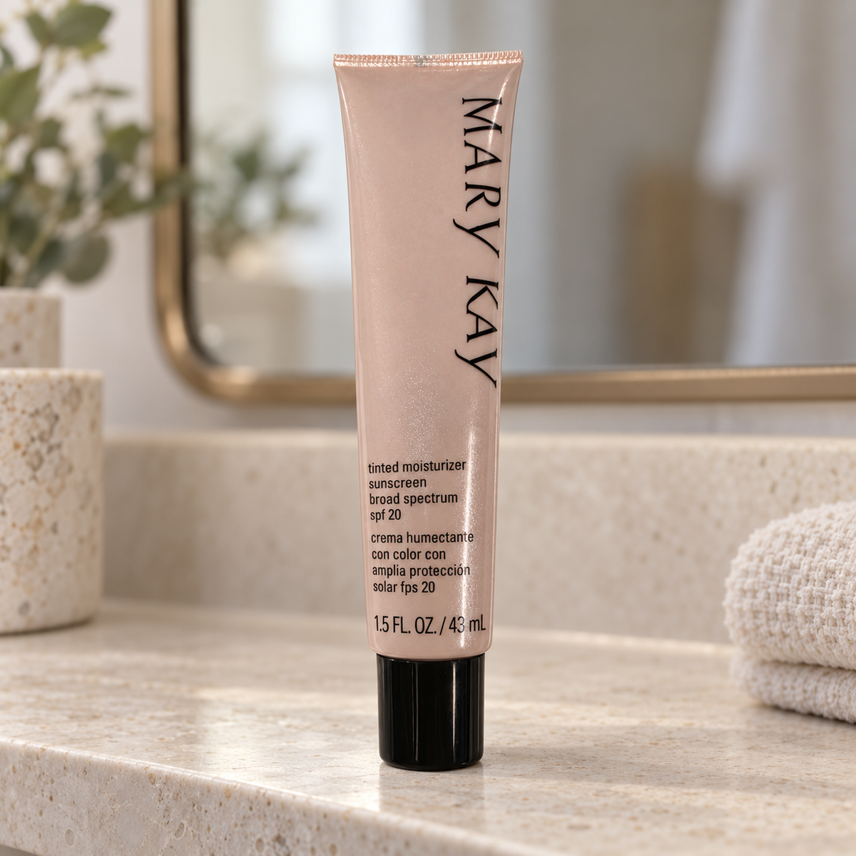 Mary Kay Beige 2 tinted moisturizer tube on a stone shelf