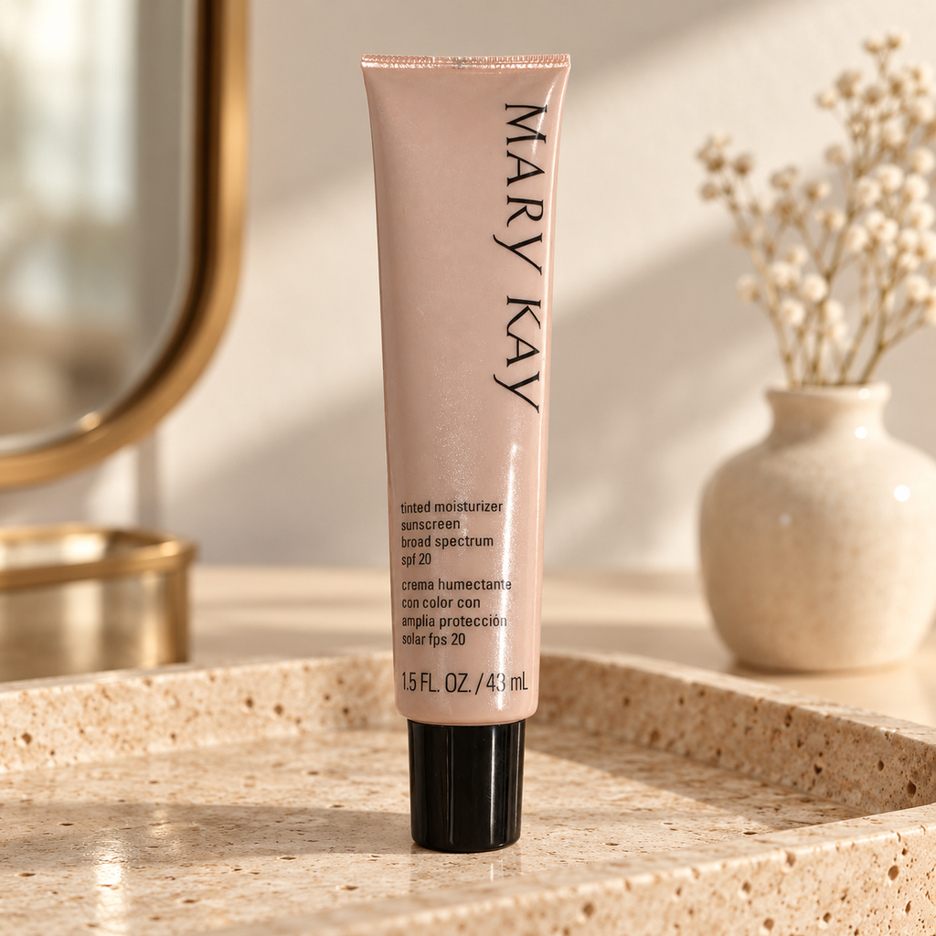 Mary Kay Beige 2 tinted moisturizer tube on a travertine tray